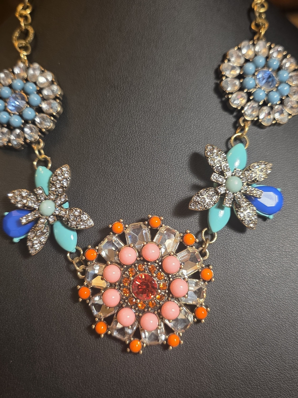 Statement Floral Crystal Necklace - Pink, Turquoise & Orange Beads.
